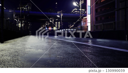 Under the night sky, a deserted urban road glimmers as bright lights bounce off the wet surface. Tall buildings loom, creating a vibrant yet serene atmosphere in the bustling city. Under the night sky, a deserted urban road glimmers as bright lights bounce off the wet surface. Tall buildings loom, creating a vibrant yet serene atmosphere in the bustling city. 130990039