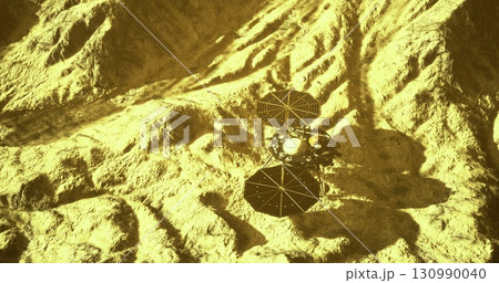 A Mars rover traverses the yellow tinted Martian landscape, skillfully navigating rocky mountains and dusty soil. Its mission is to uncover the planets mysteries and gather data. 130990040