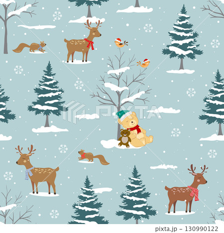 Winter landscape seamless pattern with cute animals on winter forest,Perfect for fabric,textile,wallpaper or print design 130990122