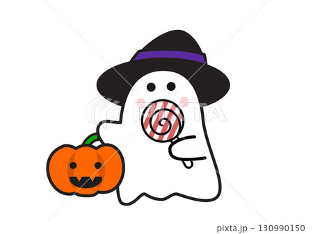 キャンディーを食べるハロウィンのおばけのイラスト 130990150