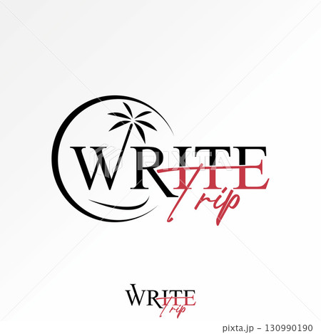 Logo design graphic concept creative premium vector stock image top sell text word Write Trip font with palm beach waves island travel panorama resort 130990190