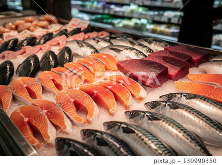 活きのいい鮮魚が並ぶ日本のスーパーの魚売り場 130990380