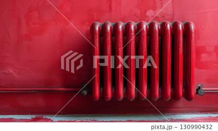 Red metal heating radiator on textured red wall background indoors 130990432