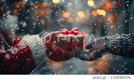 Santa Claus giving red Christmas gift box with ribbon in snowy festive atmosphere 130990476