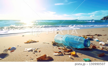 《AI画像》プラスチックゴミが打ち上げられた海岸 《AI画像》プラスチックゴミが打ち上げられた海岸 130990507