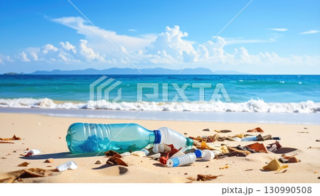 《AI画像》プラスチックゴミが打ち上げられた海岸 130990508