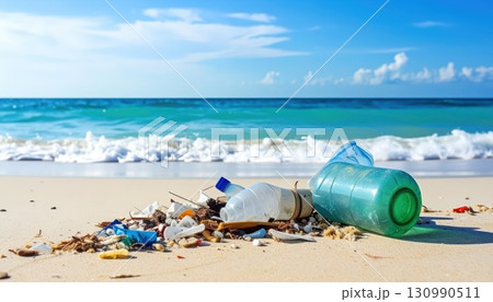 《AI画像》プラスチックゴミが打ち上げられた海岸 130990511