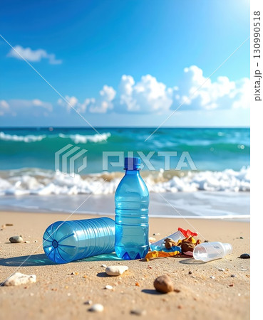 《AI画像》プラスチックゴミが打ち上げられた海岸 130990518