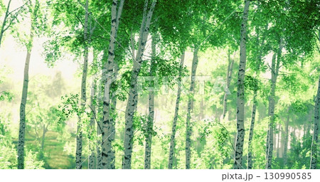 Soft sunlight streams through vibrant green leaves, illuminating the tranquil grove. Towering trees create a peaceful sanctuary, inviting exploration and connection with nature. 130990585