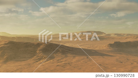 Endless golden dunes and rugged mountains stretch across the horizon under a vast sky. Warm sunlight casts enchanting shadows, highlighting the natural beauty of the desert at sunset. Endless golden dunes and rugged mountains stretch across the horizon under a vast sky. Warm sunlight casts enchanting shadows, highlighting the natural beauty of the desert at sunset. 130990728