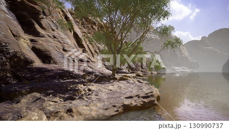 Beneath a vast blue sky, calm waters reflect rugged cliffs and lush greenery. The setting evokes peace, inviting exploration and contemplation in natures embrace. Beneath a vast blue sky, calm waters reflect rugged cliffs and lush greenery. The setting evokes peace, inviting exploration and contemplation in natures embrace. 130990737