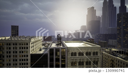 A stunning urban skyline is illuminated by soft dusk light, casting shadows on towering buildings, while distant clouds add a touch of drama and perspective to the vibrant city atmosphere. A stunning urban skyline is illuminated by soft dusk light, casting shadows on towering buildings, while distant clouds add a touch of drama and perspective to the vibrant city atmosphere. 130990741