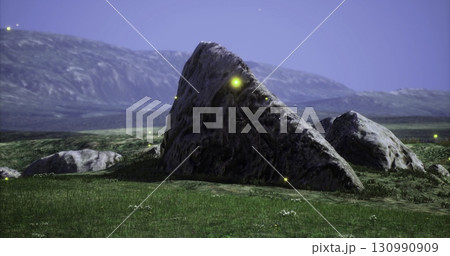 Giant boulders stand proudly in an expansive green meadow, illuminated by gentle fireflies. A blanket of twinkling stars adorns the deep blue sky, creating a tranquil ambiance at dusk. Giant boulders stand proudly in an expansive green meadow, illuminated by gentle fireflies. A blanket of twinkling stars adorns the deep blue sky, creating a tranquil ambiance at dusk. 130990909