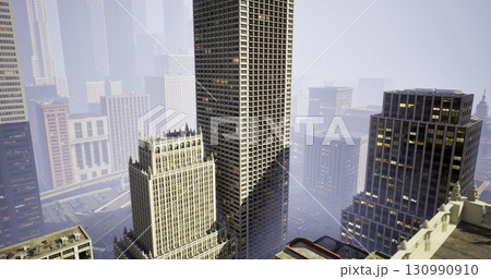 Vibrant city buildings tower majestically in a captivating skyline, enveloped in a soft mist. The architecture showcases both modernity and historic charm, creating a unique visual blend. Vibrant city buildings tower majestically in a captivating skyline, enveloped in a soft mist. The architecture showcases both modernity and historic charm, creating a unique visual blend. 130990910