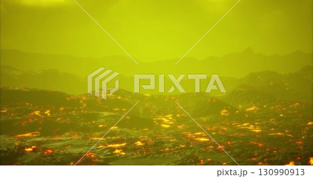 A stunning volcanic terrain glows with vibrant orange and red hues against a surreal yellow sky, creating a mesmerizing display of natures raw power just before twilight descends. A stunning volcanic terrain glows with vibrant orange and red hues against a surreal yellow sky, creating a mesmerizing display of natures raw power just before twilight descends. 130990913