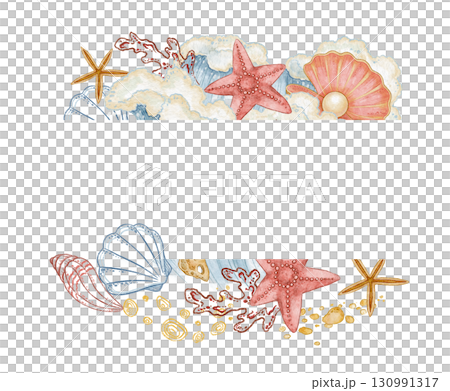 Watercolor text divider with wave and seashell in nautical frame style. Hand drawn line art in colored pencil with starfish and coral. Great for invitation card template or coastal summer print. 130991317