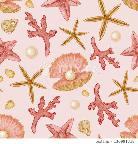 Sea seamless pattern with red coral and sandy starfish on pink background. Hand drawn watercolor and colored pencil art with shell. Great for fabric or wallpaper. Perfect for nautical print design. 130991319