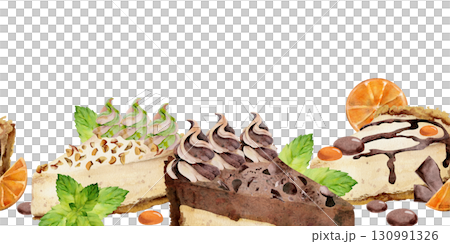 Cheesecake, chocolate torte. Mint leaves, orange slices, crushed nuts topping, merengue decor, ganache syrup drizzle, cocoa coated bonbons, hand painted in watercolor. Seamless banner border header 130991326