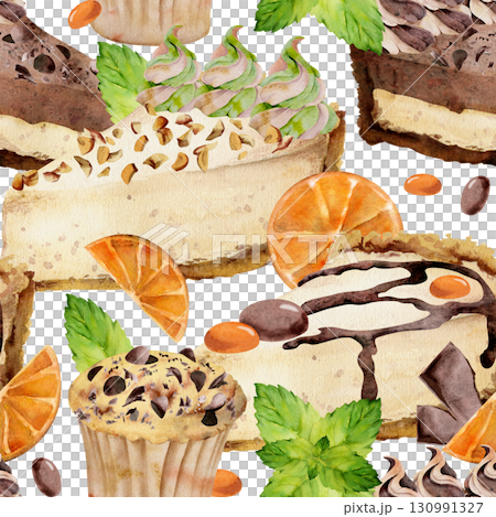 Watercolor citrus cheesecake slice with crushed nuts, mousse swirl, chocolate chips on orange muffin. Hand painted seamless pattern for recipe bundles, cafe graphics, sticker sheets, culinary themes. Watercolor citrus cheesecake slice with crushed nuts, mousse swirl, chocolate chips on orange muffin. Hand painted seamless pattern for recipe bundles, cafe graphics, sticker sheets, culinary themes. 130991327