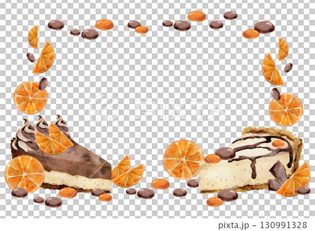 Chocolate drizzled layered cheesecake with orange slices, candy bonbons, cocoa bean dragee hand painted in watercolor. Isolated corner frame for food fest posters, recipe e-book graphics, dessert tags 130991328