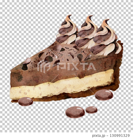 Layered cheesecake slice with whipped cream topping, chocolate and souffle truffle cake, candy dragee bonbons in watercolor. Isolated hand painted dessert. Gourmet packaging, luxury food blog posts Layered cheesecake slice with whipped cream topping, chocolate and souffle truffle cake, candy dragee bonbons in watercolor. Isolated hand painted dessert. Gourmet packaging, luxury food blog posts 130991329