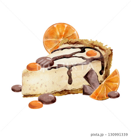 Zesty orange slices atop cheesecake, chocolate candy bonbons, syrup drizzle topping in watercolor. Isolated hand drawn illustration. Menu covers, cooking blogs, product packaging, seasonal posters. 130991339