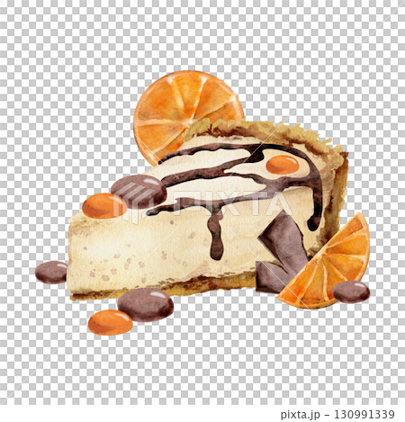 Zesty orange slices atop cheesecake, chocolate candy bonbons, syrup drizzle topping in watercolor. Isolated hand drawn illustration. Menu covers, cooking blogs, product packaging, seasonal posters. 130991339