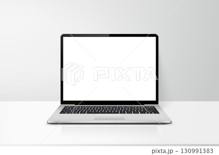 Laptop with blank screen on table realistic mock up vector illustration 130991383