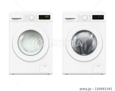 Two washing machines. Realistic empty and working washing machines isolated on white background 130991391