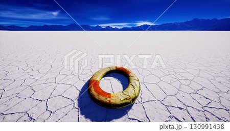 A lifebuoy sits abandoned on the cracked salt flats, with mountains visible in the distance. The bright blue sky contrasts sharply with the barren landscape, creating an intriguing visual. A lifebuoy sits abandoned on the cracked salt flats, with mountains visible in the distance. The bright blue sky contrasts sharply with the barren landscape, creating an intriguing visual. 130991438