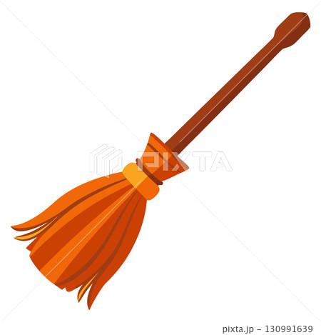 A cartoon broom with an orange head and brown handle isolated on white background, perfect for halloween, cleaning, or magical illustrations 130991639