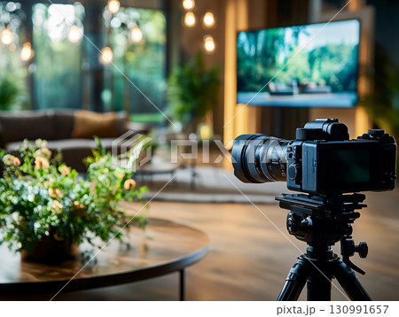 Professional camera on tripod in home studio. AI Generated. 130991657