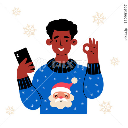Happy Ethnic Man in Christmas Sweater with Santa and Phone in Hand. New Year Joyful Male Character with Hand Gesture Ok. Vector Illustration. Not AI 130991697