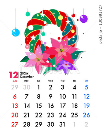 2026年カレンダー 12月,ポインセチア、クリスマスリース 130991727