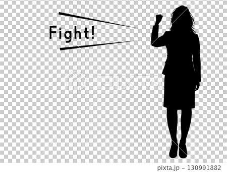 Silhouette of a businesswoman doing a fist pump. Full body front view. 130991882