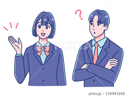 質問と答え、会話する男女の生徒 130991888