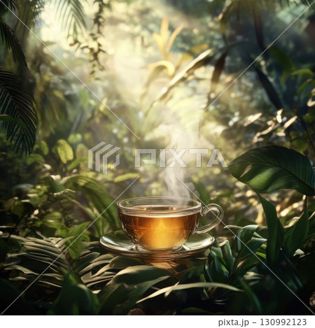 Cup of steaming tea nestled among lush tropical vegetation at dawn in a serene jungle setting 130992123