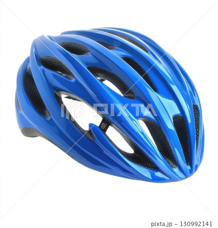 Stylish blue bicycle helmet designed for safety and comfort during outdoor rides in urban environments 130992141