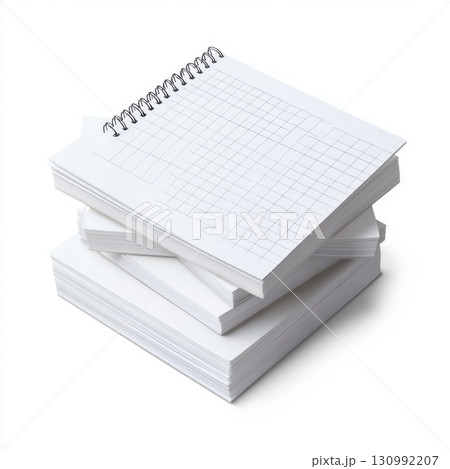 Blank spiral notebooks stacked on a white surface ready for creative ideas and notes 130992207
