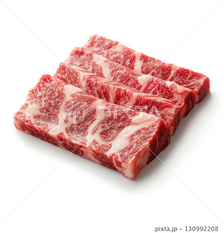 Fresh marbled beef cuts displayed for culinary preparation and cooking inspiration 130992208