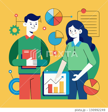 Office workers analyzing statistics, dashboard and graph elements. Flat vector illustration. 130992249