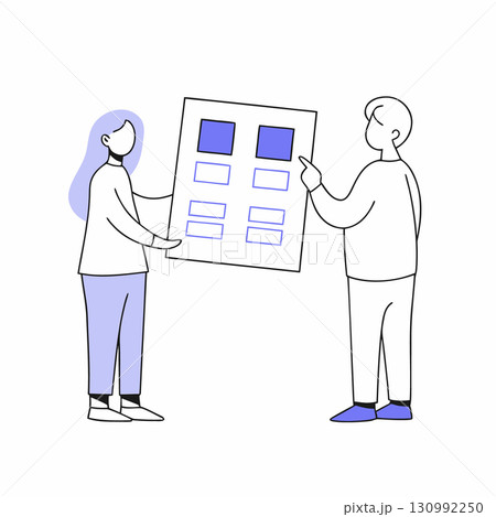 Startup team reviewing performance metrics and growth graphs. Minimalistic vector illustration. 130992250