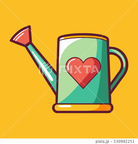 Watering can with flower and heart symbol on yellow background. Cartoon vector illustration. 130992251
