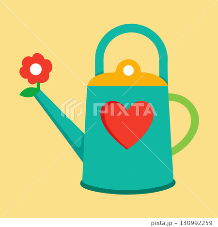 Watering can with heart design and flower on yellow background Watering can with heart design and flower on yellow background 130992259