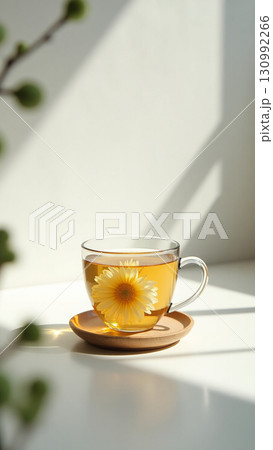 Minimalist Still Life Transparent Cup of Flower Tea Drink Minimalist Still Life Transparent Cup of Flower Tea Drink 130992266