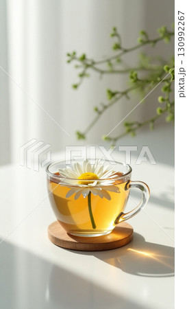 Bright Still Life Glass Cup with Chamomile Flower Tea Drink 130992267