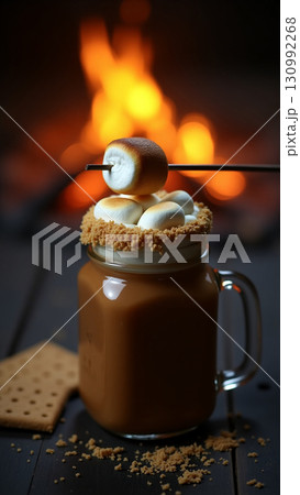 Delicious Smores Hot Chocolate Beverage in Jar with Marshmallow Toppings 130992268