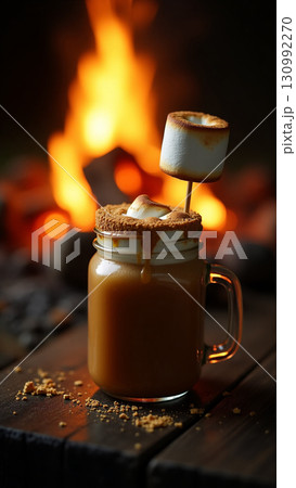 Delicious Toasted Marshmallow Milkshake with Fireplace Ambiance in Rustic Setting Delicious Toasted Marshmallow Milkshake with Fireplace Ambiance in Rustic Setting 130992270