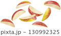 Falling apple slices isolated on white background with clipping path, full depth of field 130992325