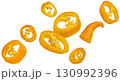 Falling chili pepper slices isolated on white background with clipping path, package design element, full depth of field 130992396
